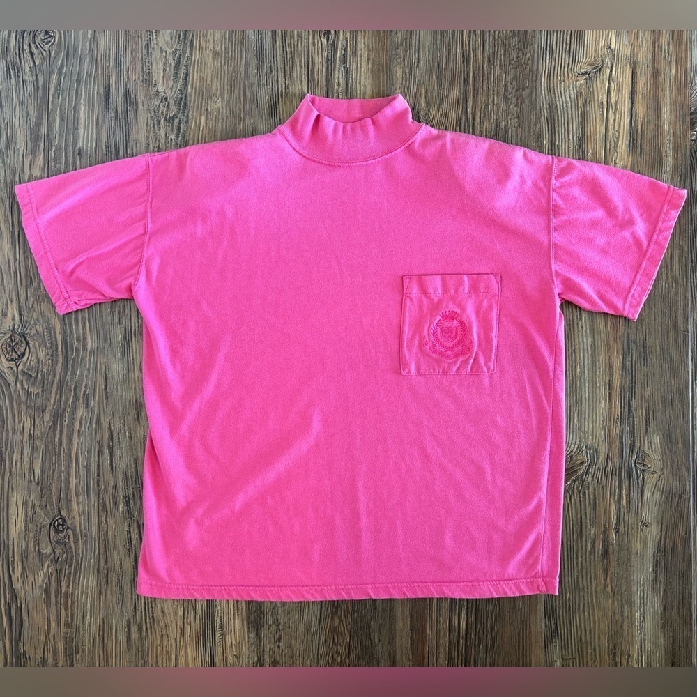 Vtg 80/90s Ricki & Company Mock Neck S/S Shirt No Size Pink Pocket Shoulder Pads